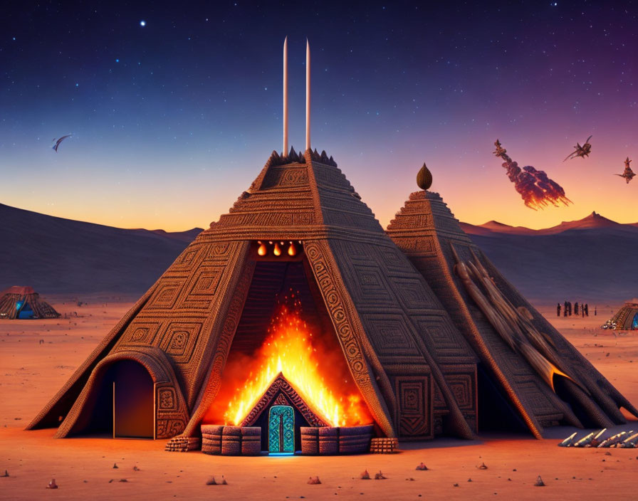 Intricate fiery pyramid under starry sky with mystical ships