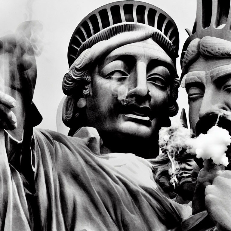 Statue of Liberty face close-up with smoke or steam foreground