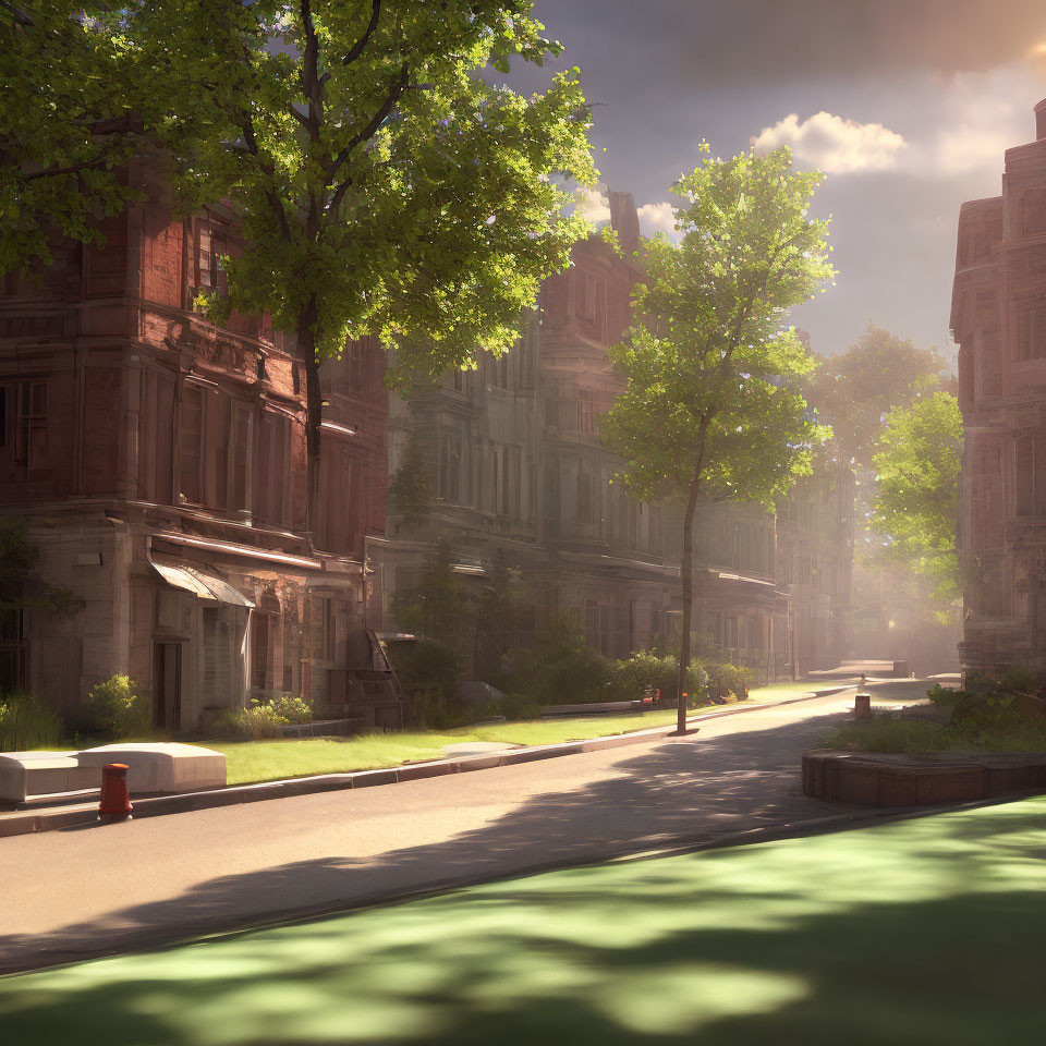 Tranquil street scene with classic brick buildings and dappled sunlight