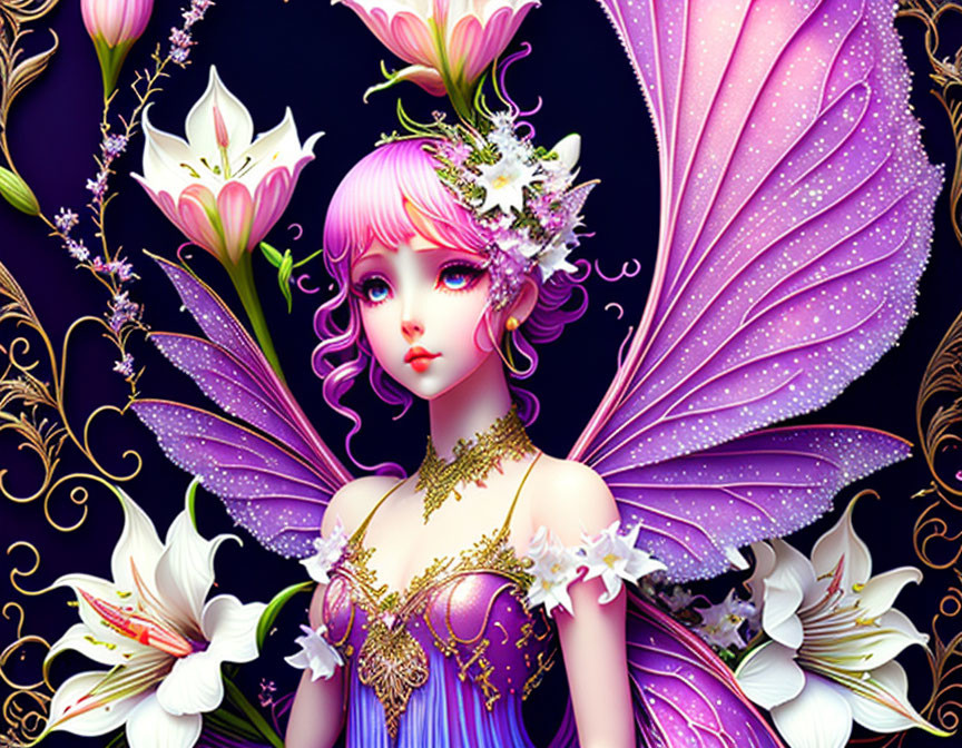 Stylized fairy with pink hair and purple wings on dark background