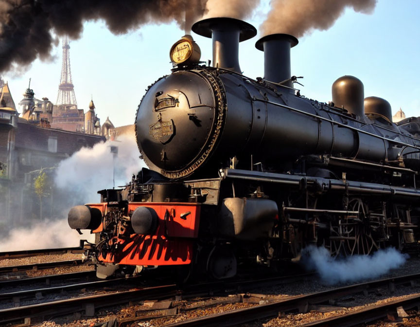 Vintage black steam locomotive on train tracks with billowing smoke, blurred tower background