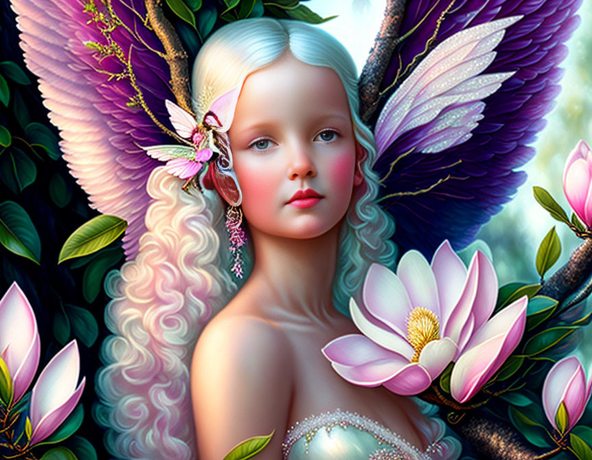 Fantasy digital art of female figure with purple angelic wings and blonde hair among pink blossoms