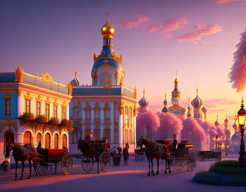 Golden-domed cathedral at sunset with glowing buildings and horse-drawn carriages.