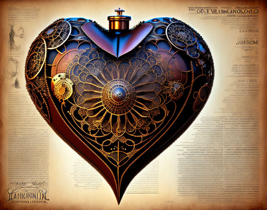 Intricate heart-shaped mechanical object with metallic finish and script background.