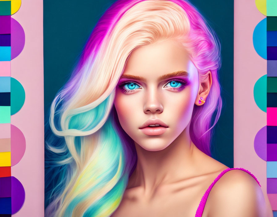 Colorful digital artwork of a woman with vibrant multicolored hair and blue eyes on a striped background