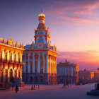 Golden-domed cathedral at sunset with glowing buildings and horse-drawn carriages.