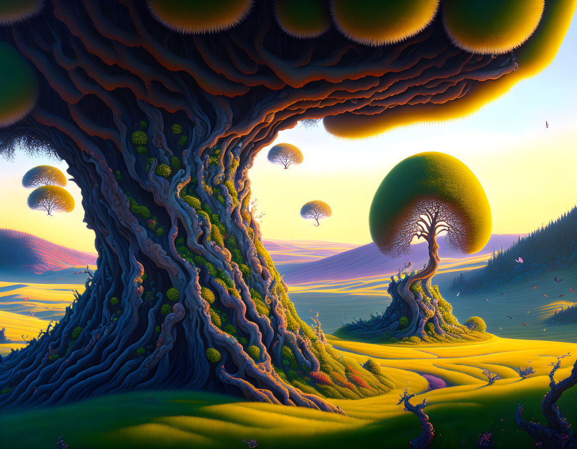 Surreal landscape with oversized fantastical trees in rolling valley