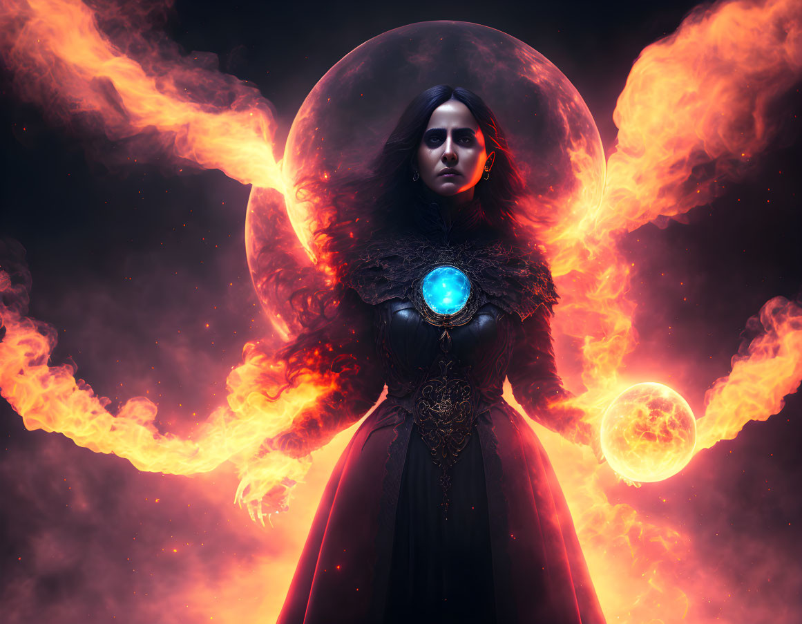 Mystical woman with intense gaze holding glowing blue orb in cosmic backdrop