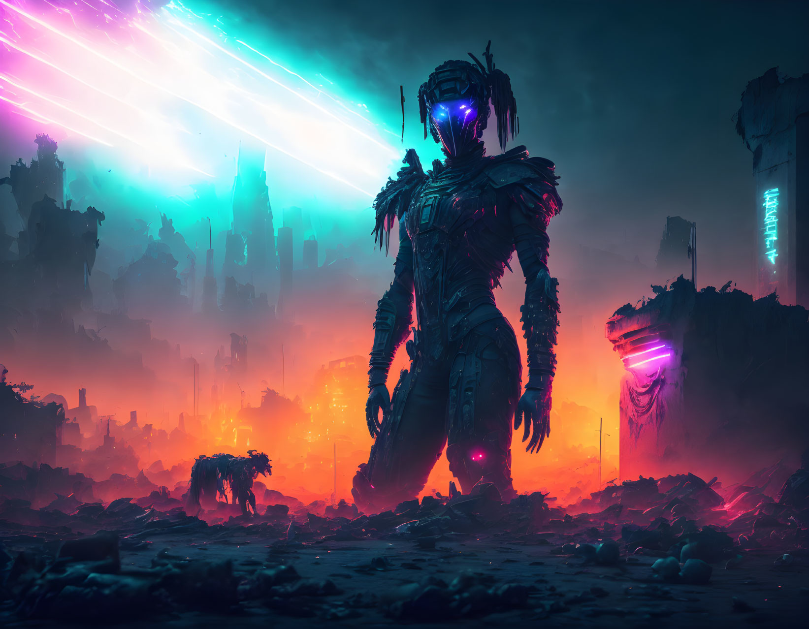 Armored figure in futuristic ruins with colorful sky and lone wolf