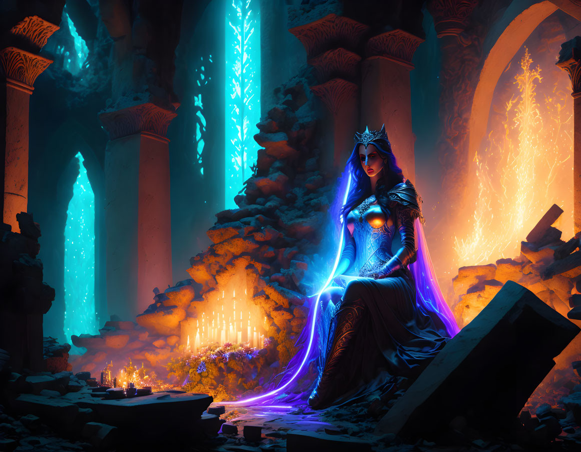 Majestic queen in glowing blue dress on throne in mystical ruin with magical light sphere