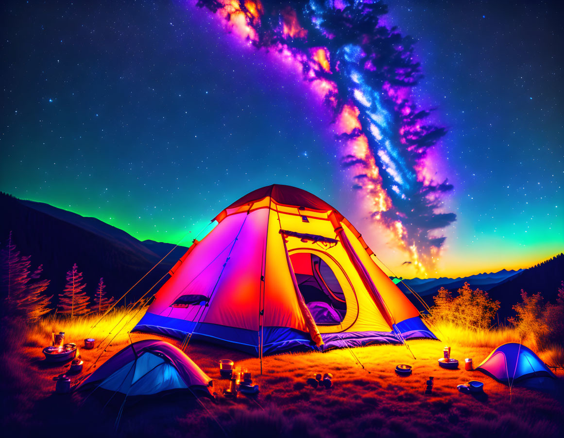 Colorful Night Camping Scene: Glowing Tent, Starry Sky, Aurora Borealis, Forest