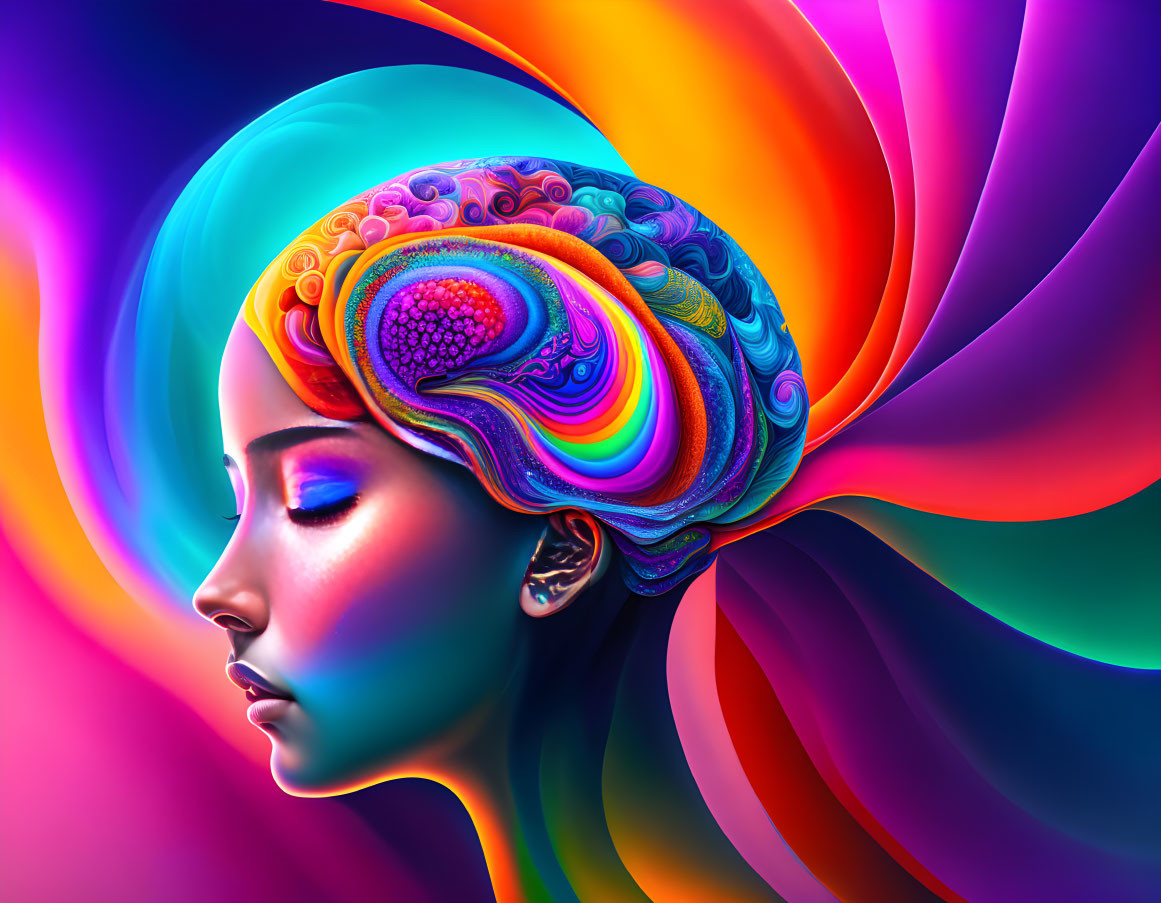 Colorful digital artwork of a woman with psychedelic brain pattern