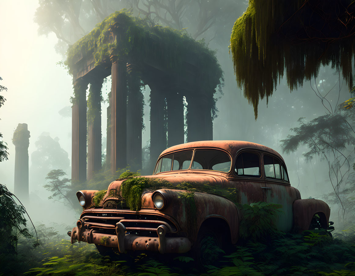 Abandoned car reclaimed by nature near ancient ruins in misty forest