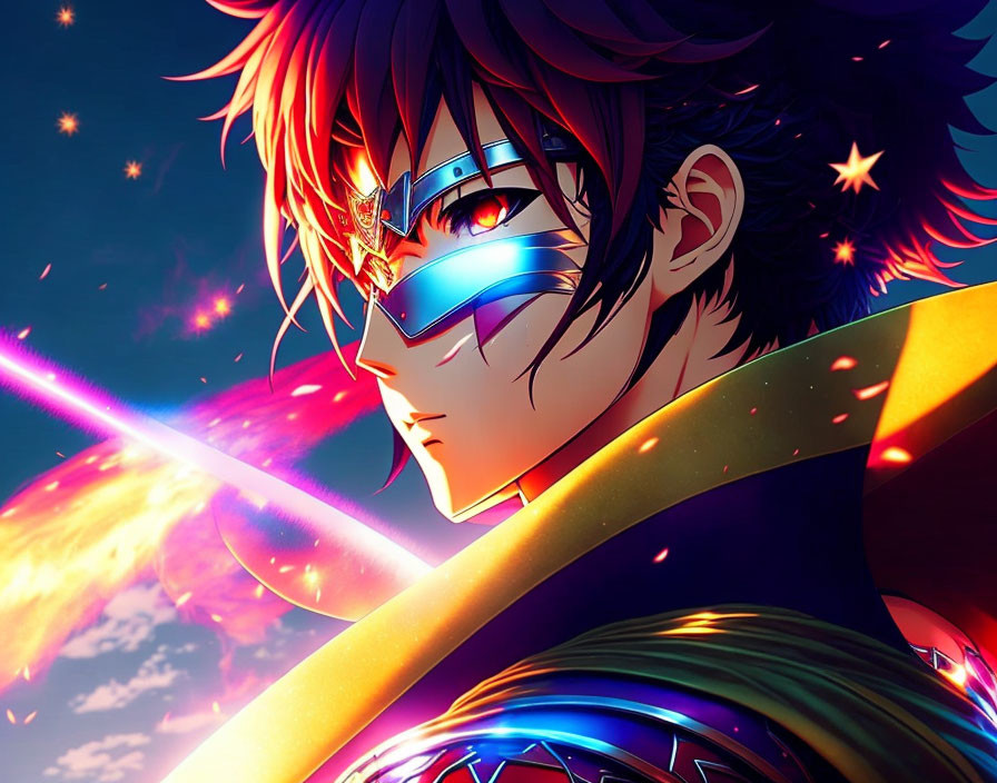 Cybernetic eye-piece animated character in vibrant sky background with dazzling light beam