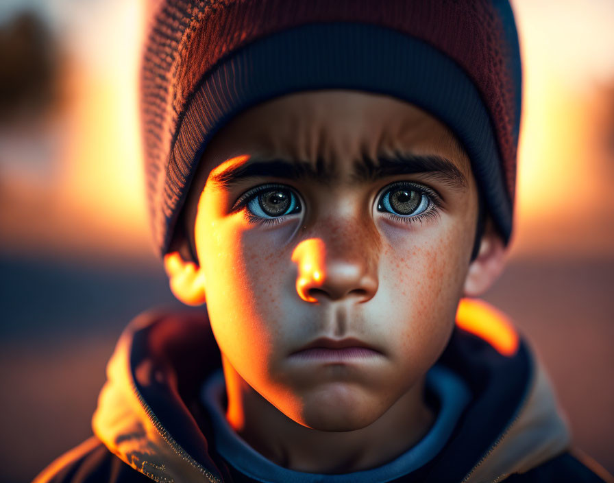 Young boy with striking eyes wearing a beanie in sunset light