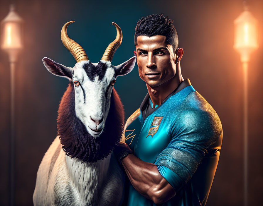 Photorealistic montage of confident man with goat against torch-lit backdrop