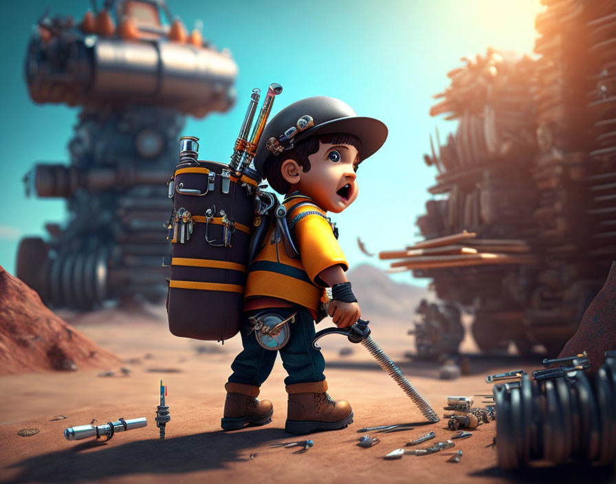 Animated character in desert with backpack, tools, mechanical parts, and hovering ship