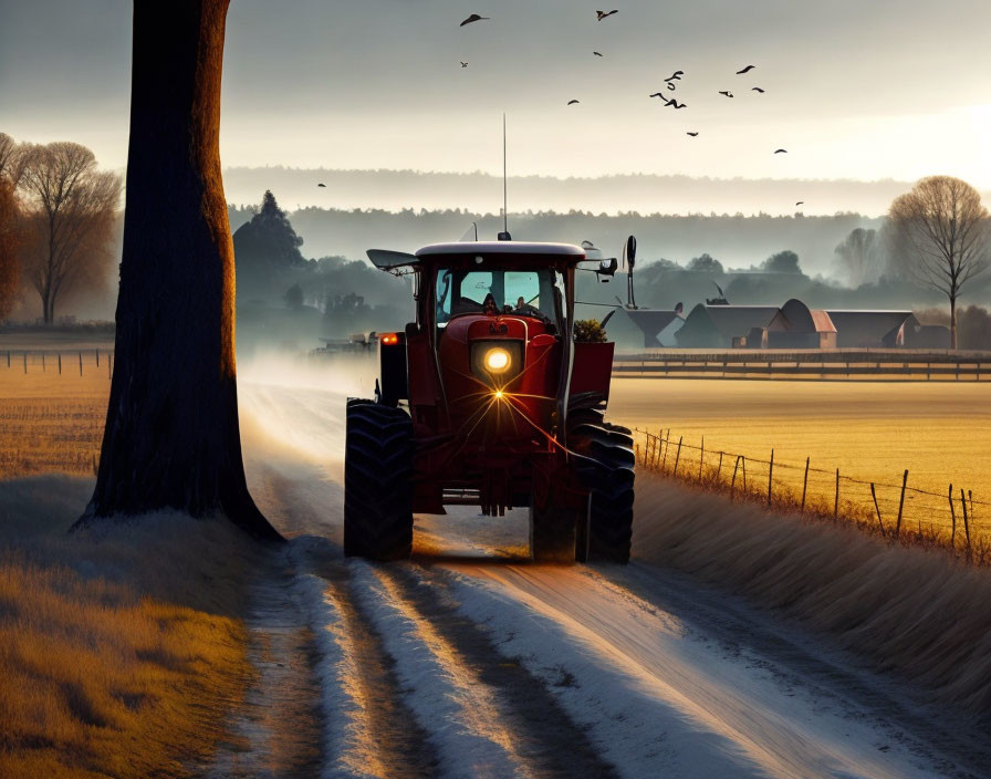 Red tractor on dusty rural road at sunrise with tree, fence, and flying birds.