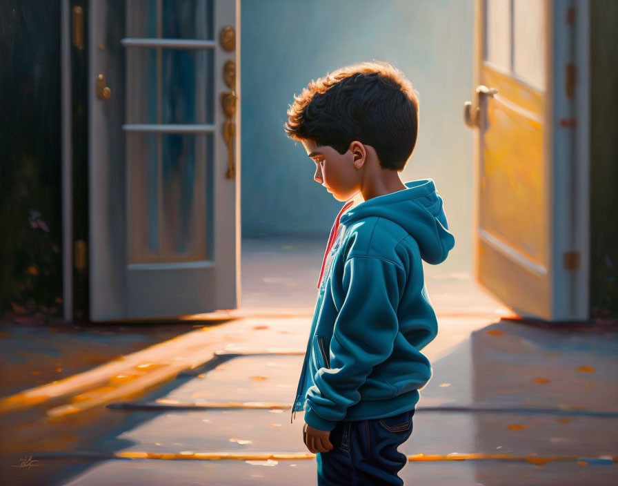 Young boy in blue hoodie standing in sunlight next to open door on serene pathway