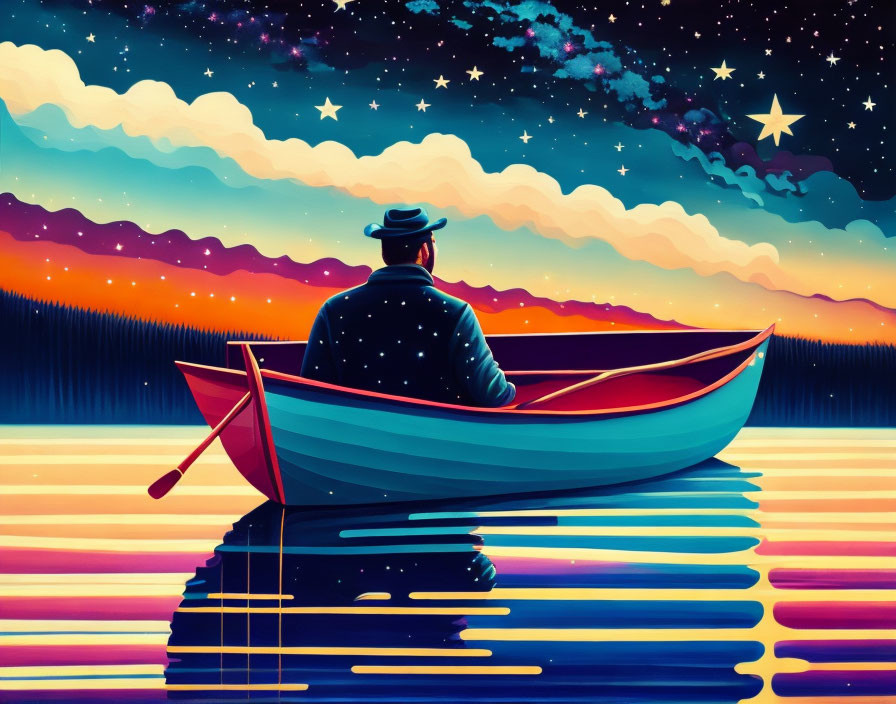 Person in hat in canoe on tranquil lake under vibrant starry sky.