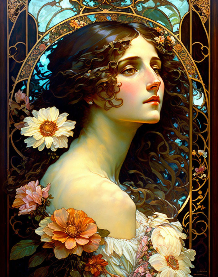 Art Nouveau style painting of woman with flowing curly hair and floral motifs