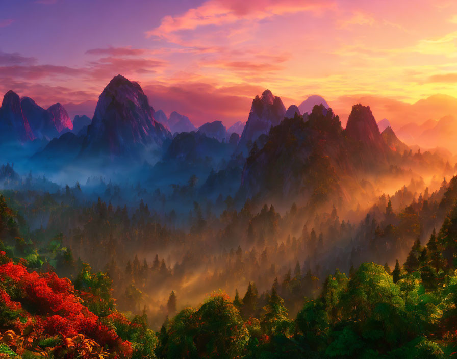 Vibrant Sunrise Landscape with Misty Forests & Mountain Peaks