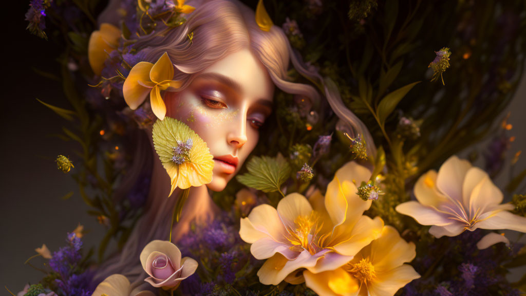 Woman in vibrant floral digital art with serene expression