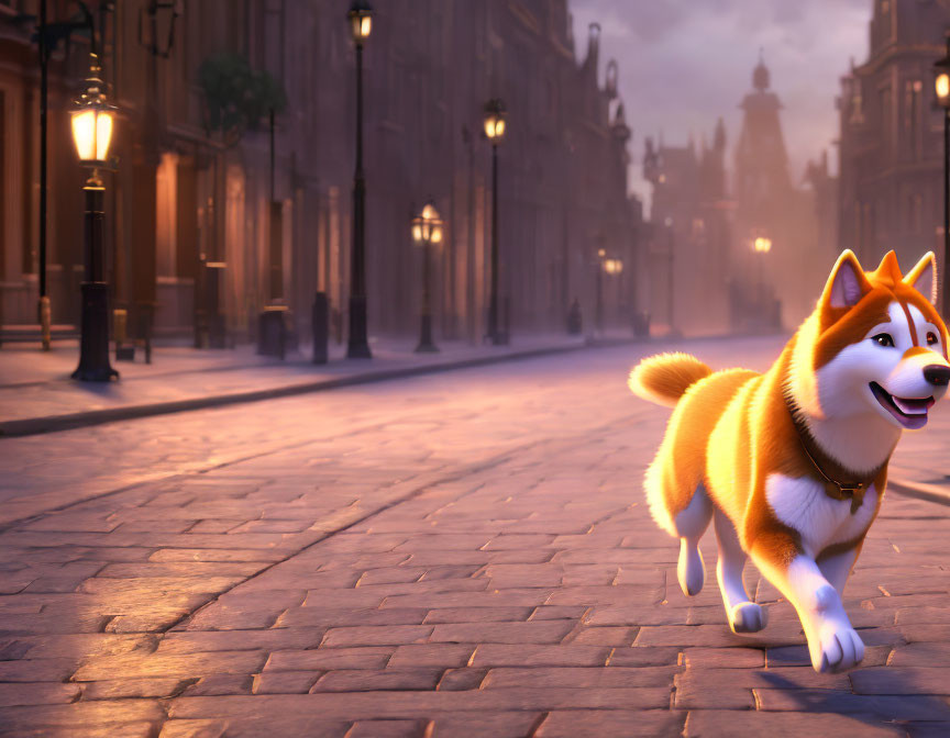 Happy Shiba Inu walking on cobblestone street at dusk