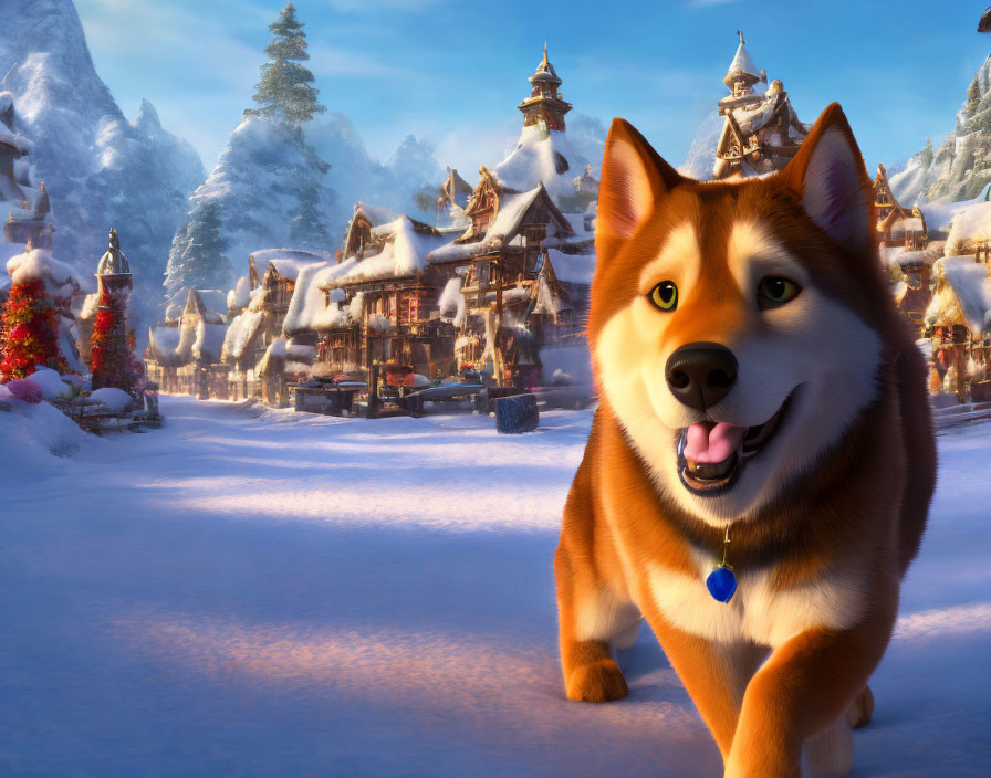 Smiling Shiba Inu with snowy village and mountains in background