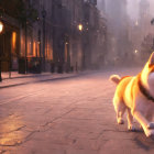 Happy Shiba Inu walking on cobblestone street at dusk