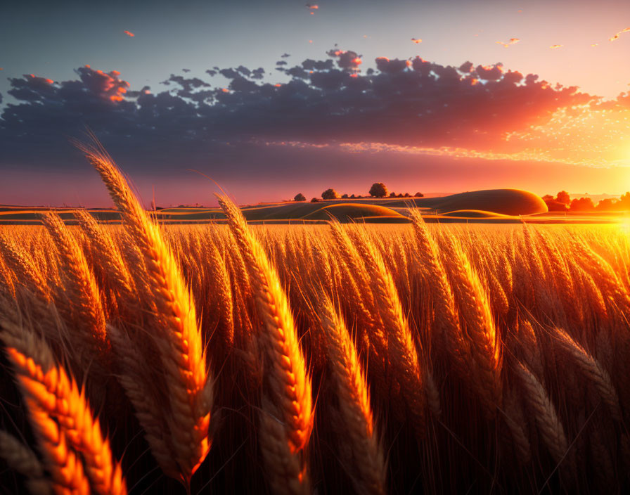 Ripe golden wheat field under vibrant sunset