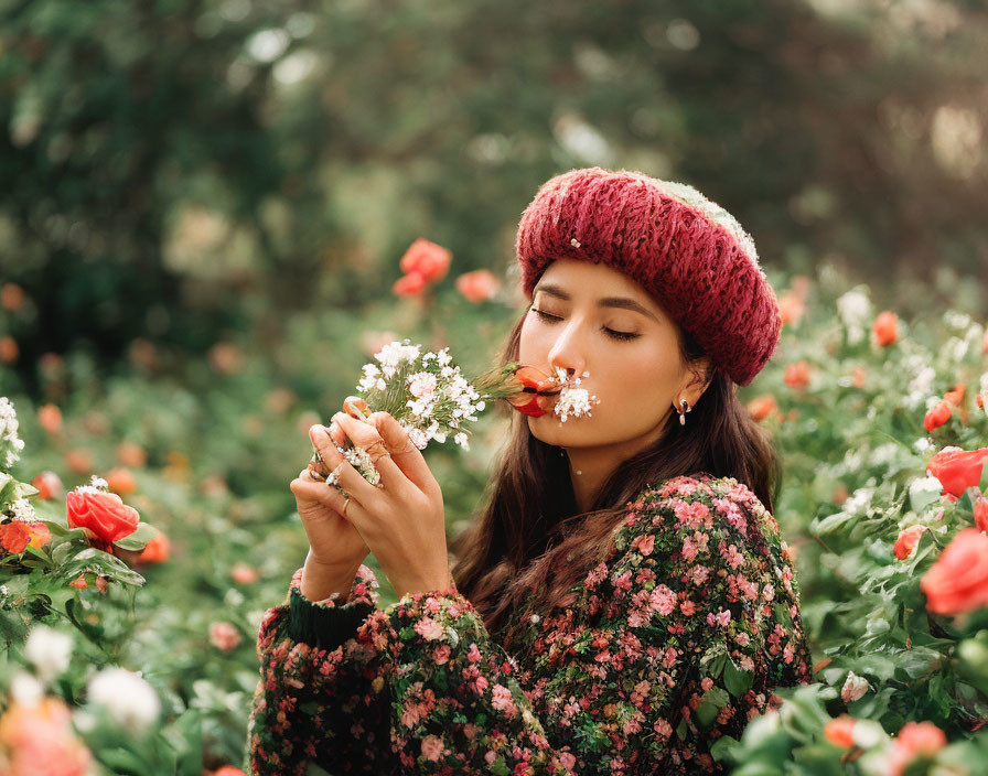 Woman in Floral Dress and Red Beanie Surrounded by Blooming Roses and White Flowers