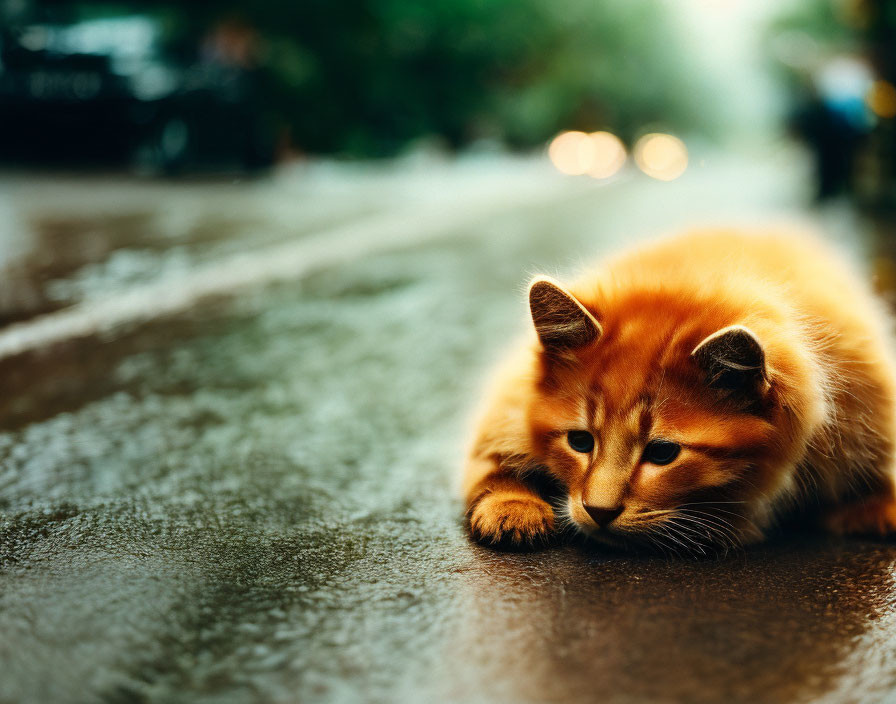 Orange Cat Crouching on Wet Street with Soft Focus Lights