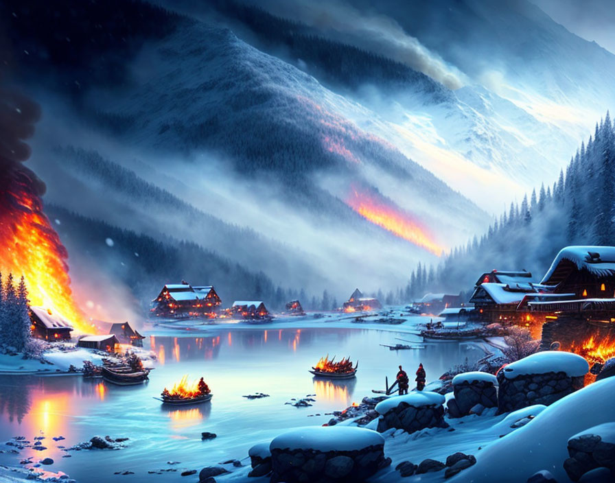 Snowy village by river with warm lights, mountain backdrop, and bonfire.