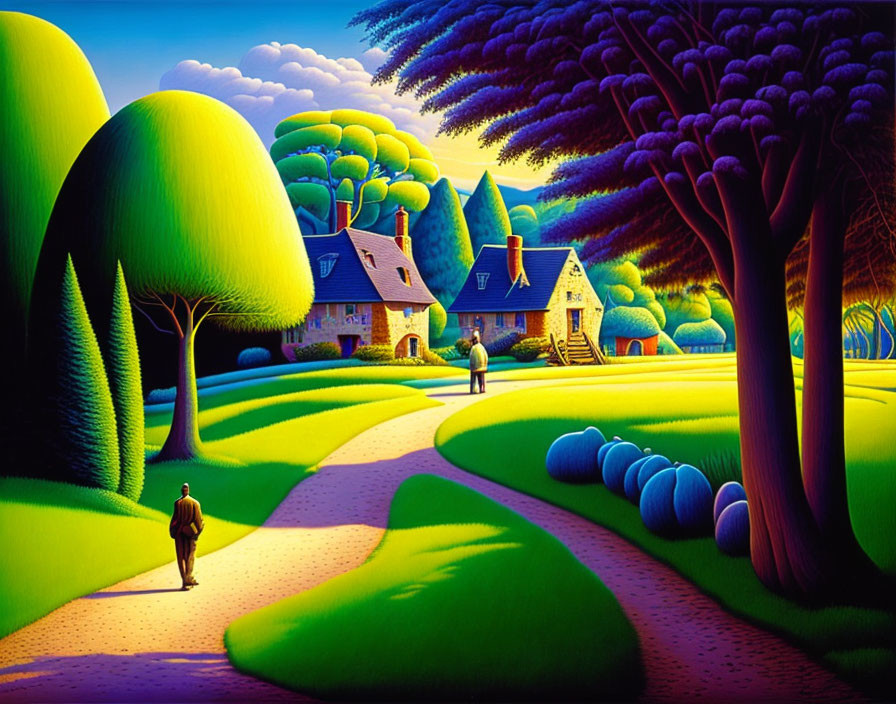 Colorful painting of rural scene with curved shapes and walking men.