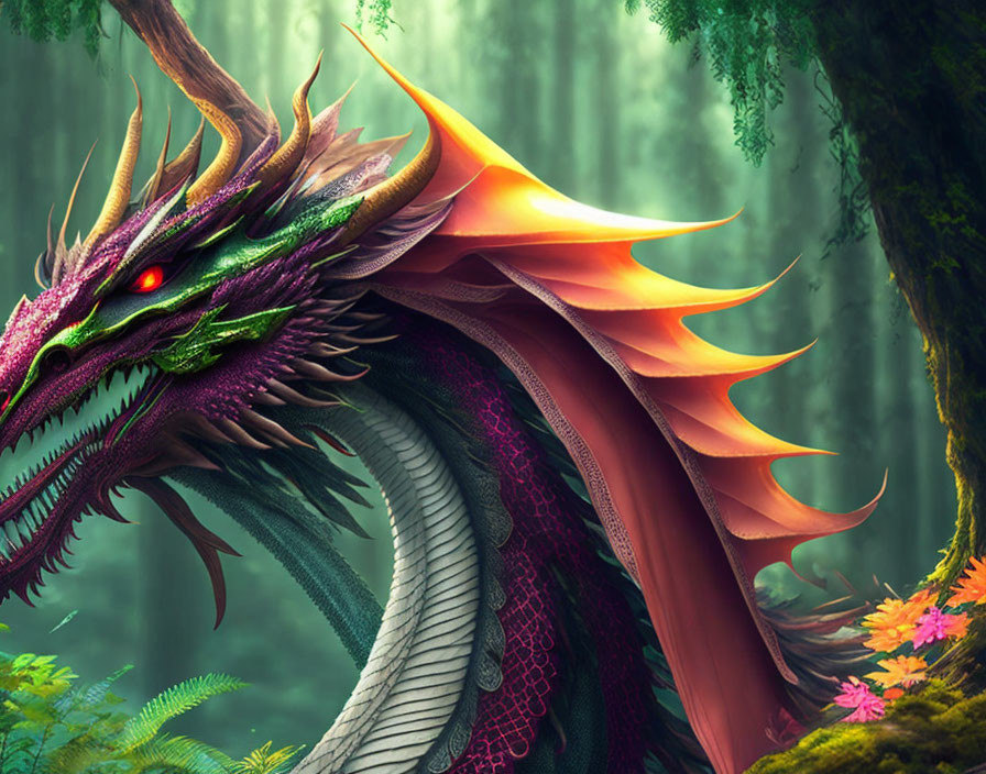 Majestic green and purple dragon in mystical forest with glowing eyes