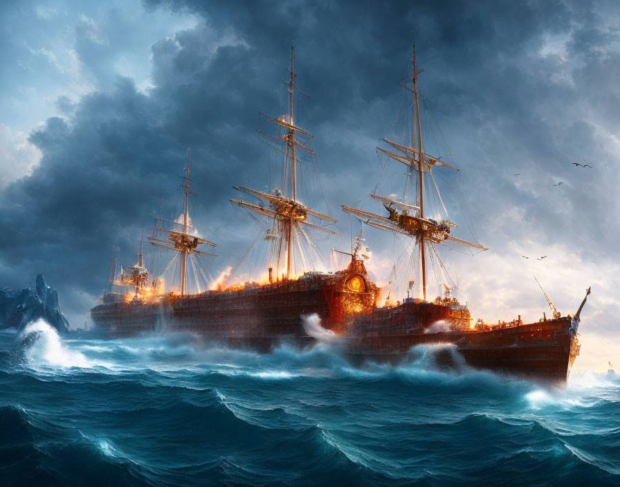 Fiery sailing ships battle in stormy seas with dramatic lighting.