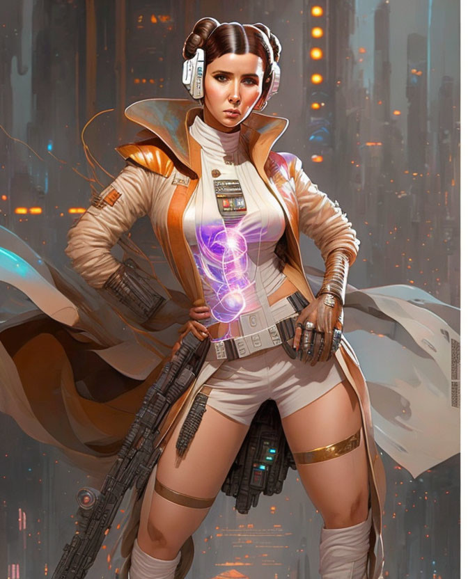 Futuristic sci-fi woman in orange and white outfit with techno-gauntlets and energy orb