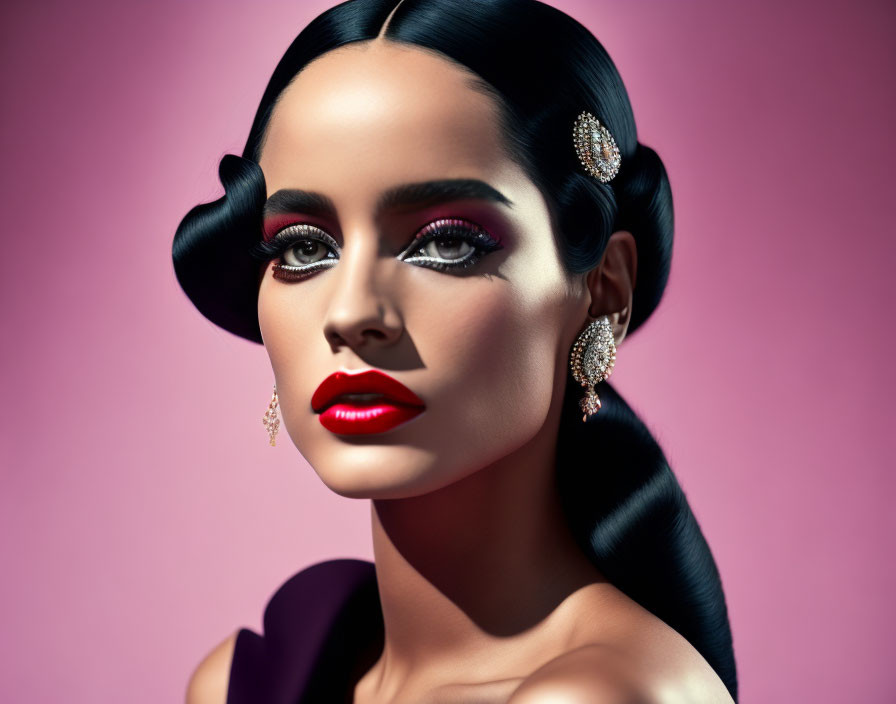 Stylish woman with bold makeup and red lipstick on pink background