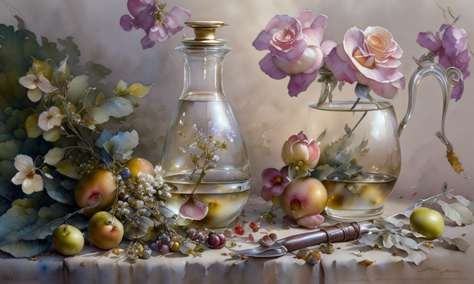 Serene still life painting with apples, grapes, knife, vessels, and blooming roses