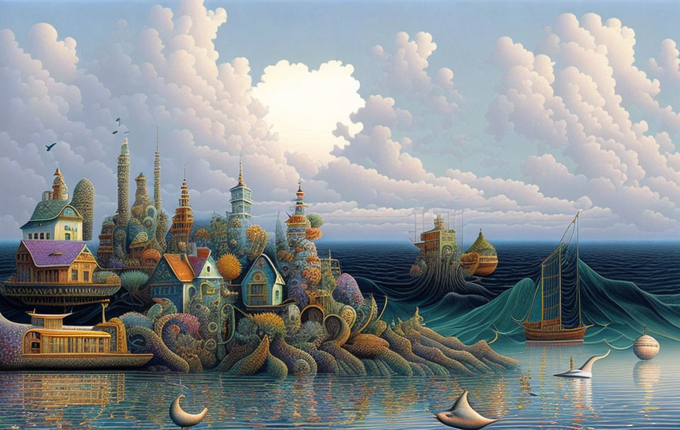 Whimsical seaside town painting with fantasy architecture and sunset backdrop