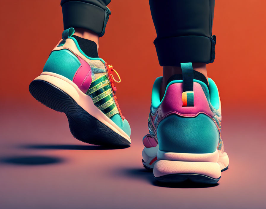 Vibrant Sneakers with Teal, Pink, and Gold Accents on Orange Background