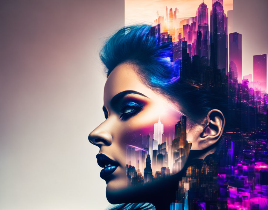 Side profile of woman with vibrant makeup against neon-lit cityscape