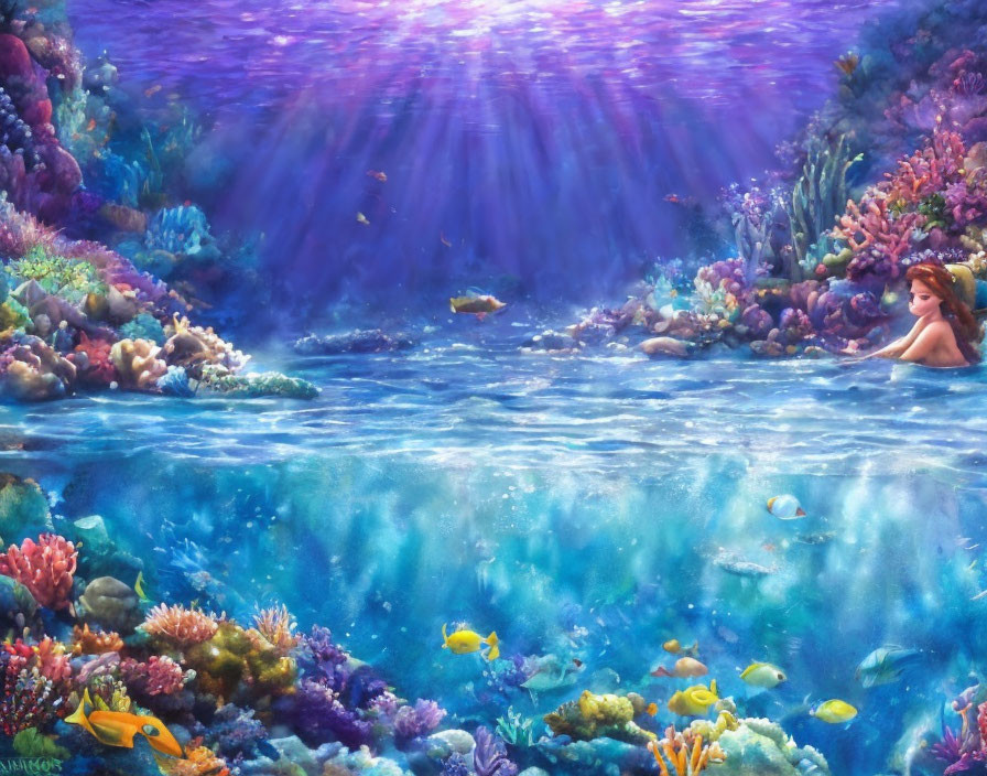 Colorful Underwater Scene with Corals, Fish, Light Rays, and a Mermaid