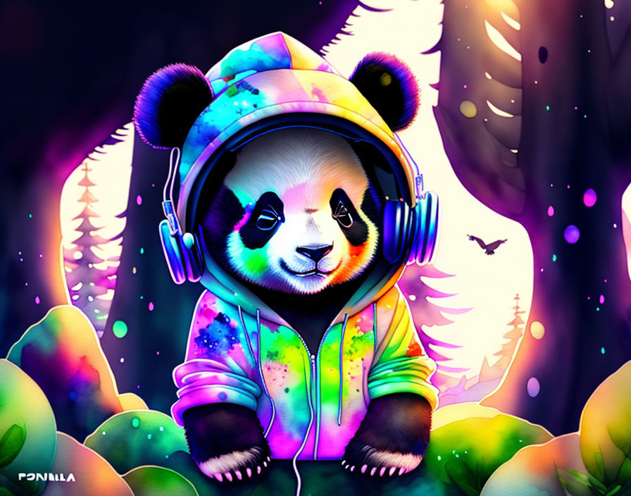 Colorful Hoodie-Clad Panda in Neon Forest with Bird Flight