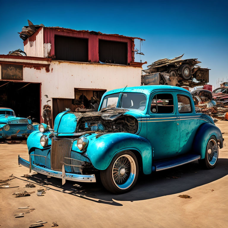 Vintage Blue Car with White-Wall Tires in Front of Rustic Junkyard