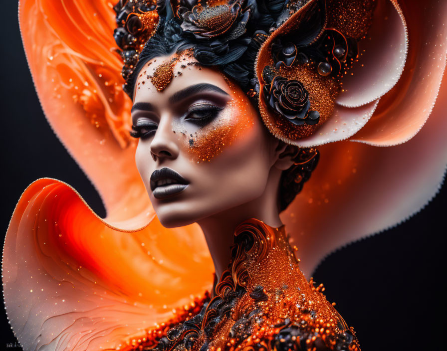 Woman with Orange Artistic Makeup and Floral Spirals: Mysterious Aura