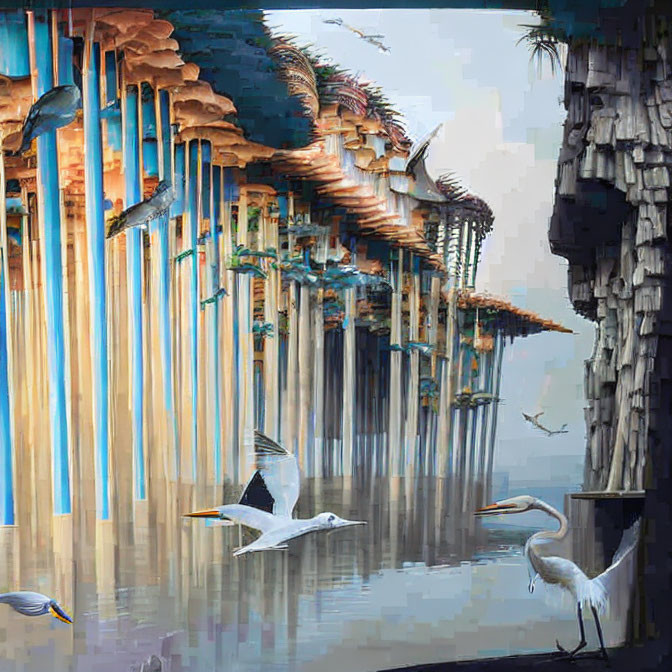 Surreal painting: Nature, architecture fusion with birds, reflective water