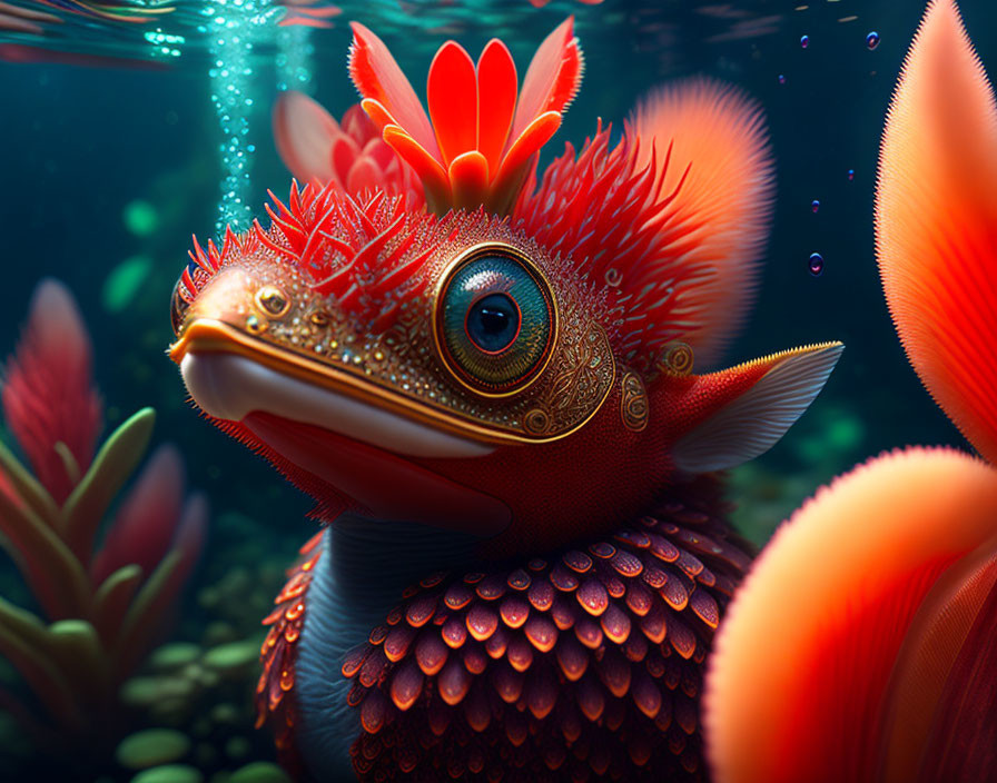 Colorful digital artwork of a fish with large eye, gold details, and red-orange scales in underwater