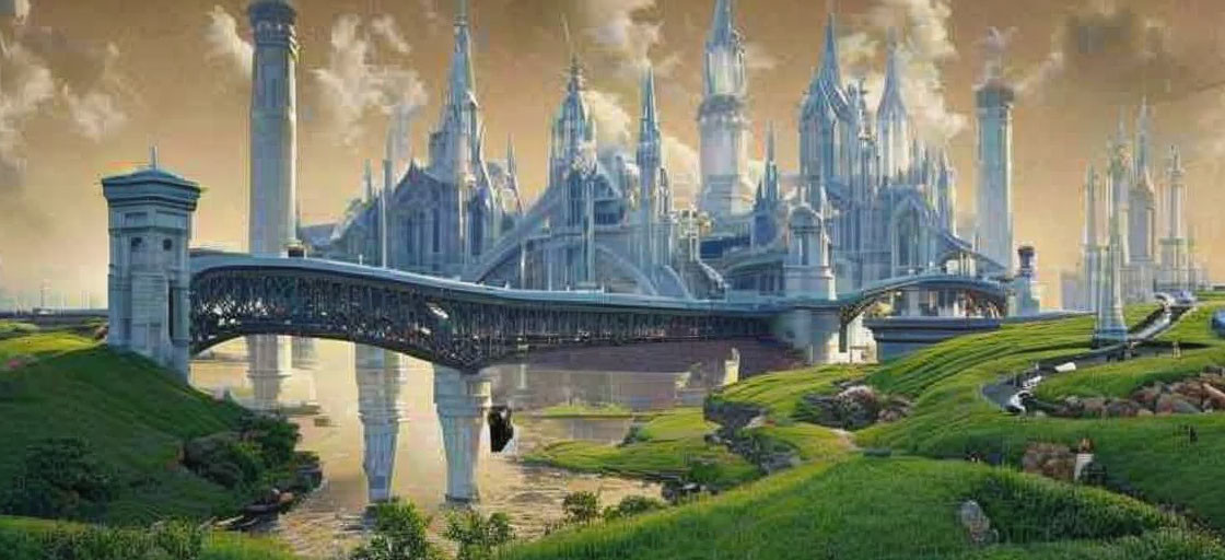 Futuristic cityscape surrounded by green hills and river with bridge